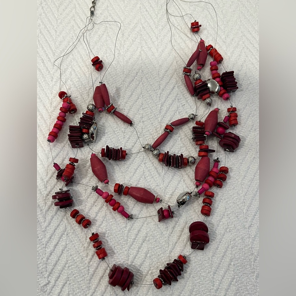Chico’s Red & Silver Beaded Multi-Strand Necklace